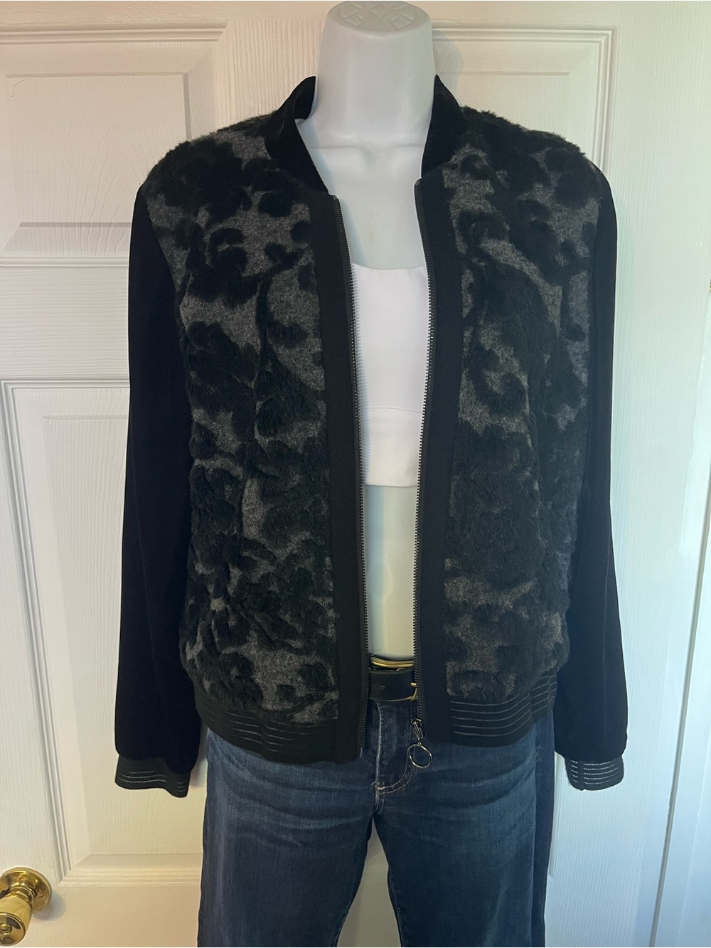 Elie Tahari Black & Charcoal Faux-Fur Front Bomber Jacket